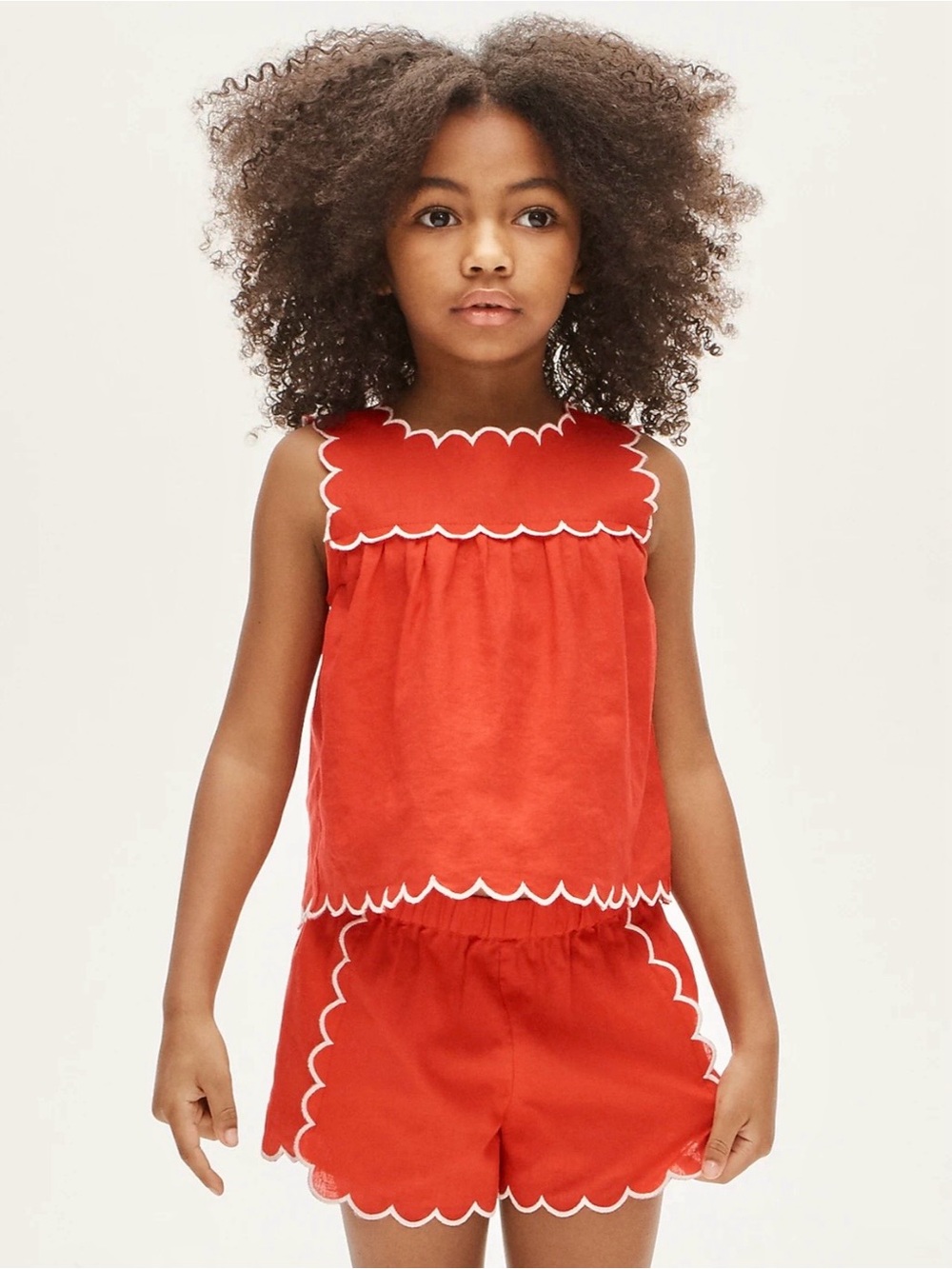 NWT J. Crew Girls' Scallop-trim Top in Linen Blend Cherry Red White size 10